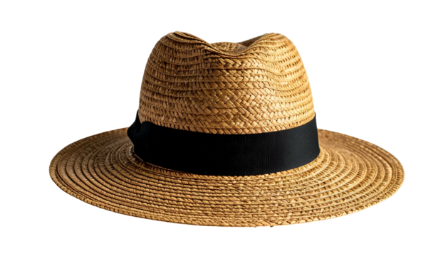 Woven straw hat with black band. Wide brim, curved top, isolated on black backdrop