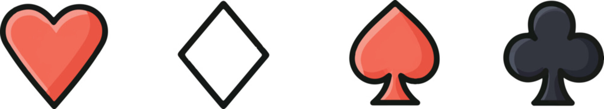 set of poker symbols heart, diamond, club, and spade icons isolated on a white background