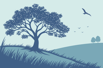 Half-Bared Tree Silhouette on Hill Vector - Blue Duotone Graphic
