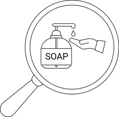 A magnifying glass showcases soap dispenser with a hand
