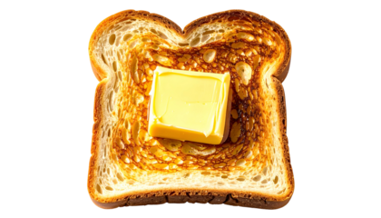 Close-up of golden-brown toasted bread with a square of yellow butter melting on top