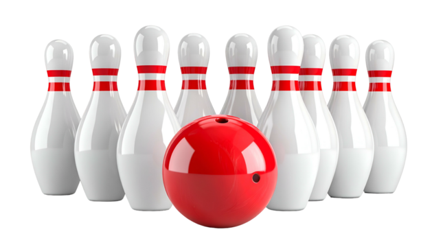 A vibrant red bowling ball poised before a symmetrical arrangement of ten white bowling pins