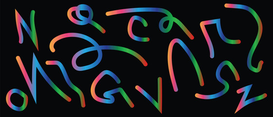 Rainbow Alphabet Abstract Line Art Letters on Black Background - Unique Graphic Design for Creative Projects