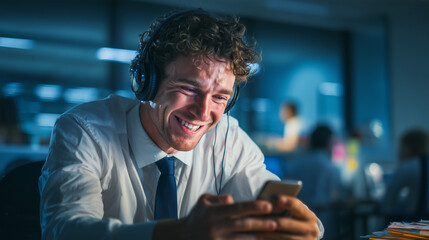 Businessman having a video call on his mobile phone from the office. A happy, family call.