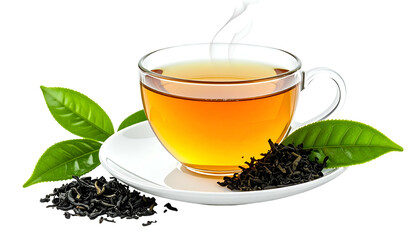A transparent cup of tea on a saucer, with leaves and dry tea nearby, steam rising