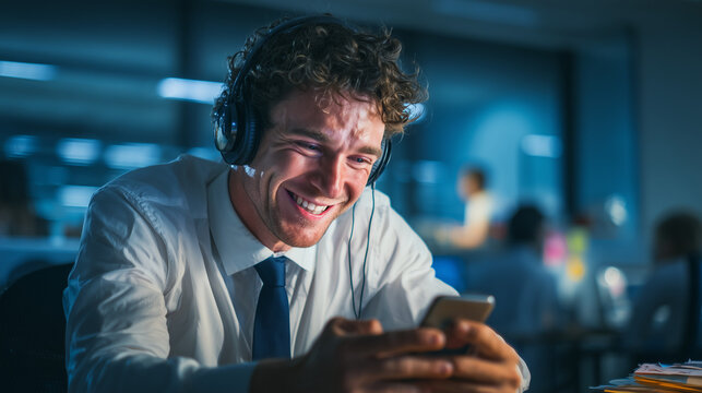 Businessman having a video call on his mobile phone from the office. A happy, family call.