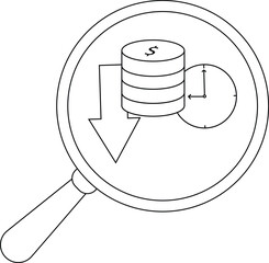 Magnifying glass focuses on a stack of coins with a dollar sign a clock and a descending arrow