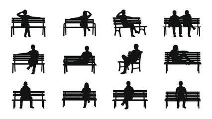 People sitting on benches silhouettes isolated on white background, Vector