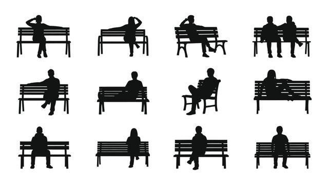 People sitting on benches silhouettes isolated on white background, Vector
