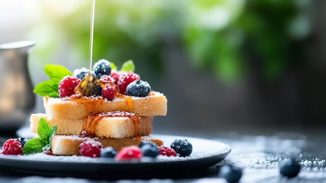 Golden syrup drizzle over stacked toast with fresh berries and powdered sugar
