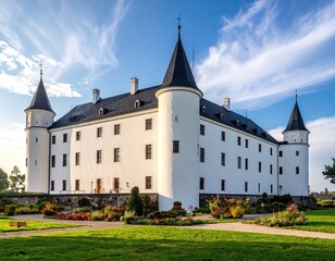 White Castle with Black Roofs and Green Gardens Under Sunny Sky