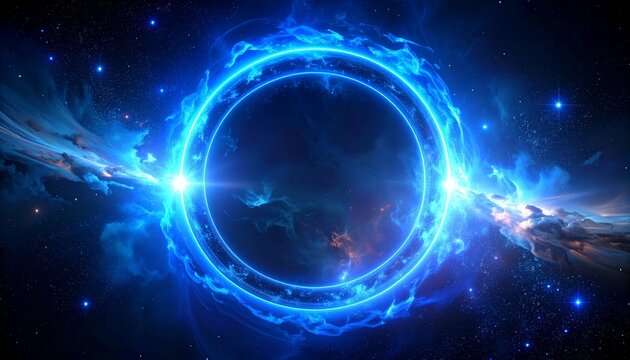 Glowing blue circular portal in space, surrounded by swirling energy and nebula, bright central light, starry cosmic background, sci-fi and interdimensional travel theme.