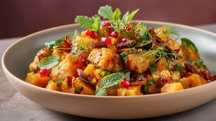 Roasted Butternut Squash Salad With Pomegranate Seeds, Dill, and Mint in Beige Bowl