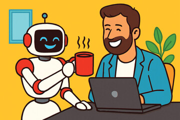 Robot serving coffee to man using laptop