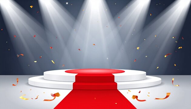 Award ceremony scene with white three-tier podium on red carpet, spotlight-lit, falling red and gold confetti, gold stanchions with red ropes, festive and triumphant atmosphere.