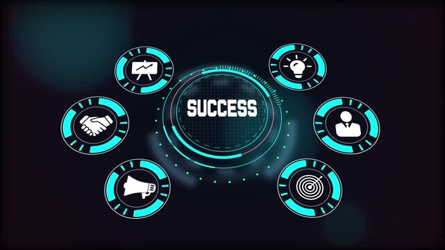 Achieving success in business, visualized on a futuristic digital interface showing goals, strategy, and leadership.