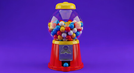 Red yellow gumball machine filled with colorful round candies on purple candy