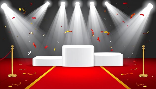 Award ceremony scene with white three-tier podium on red carpet, spotlight-lit, falling red and gold confetti, gold stanchions with red ropes, festive and triumphant atmosphere.