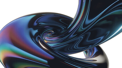 Abstract iridescent swirling fluid form with metallic sheen and rainbow colors against a black background