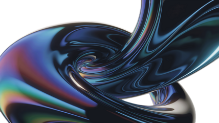 Abstract iridescent swirling fluid form with metallic sheen and rainbow colors against a black background
