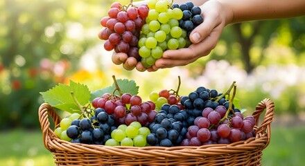 A vibrant assortment of freshly harvested red, green, and black grapes displayed in a woven basket, held by hands in a sunlit garden, symbolizing freshness, health, and natural abundance.

