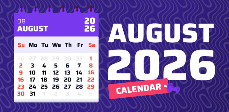 August 2025 calendar. Modern calendar page. 2025 sunday start week. Clean design template. Vector illustration. Monthly calendar grid august 2025. Weekend saturday and sunday