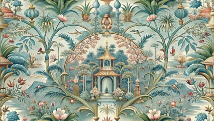 Artistic chinoiserie wallpaper depicting intricate pagoda gardens amidst flowers birds artistic elegance refined design timeless aesthetic backdrop wallpaper design