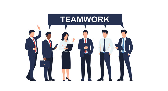 Group of diverse professionals in suits standing together with the word \.