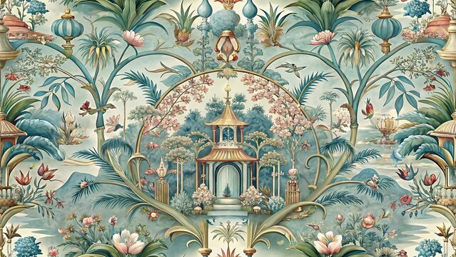 Artistic chinoiserie wallpaper depicting intricate pagoda gardens amidst flowers birds artistic elegance refined design timeless aesthetic backdrop wallpaper design - Powered by Adobe