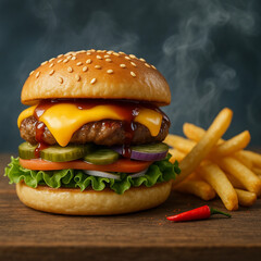 Juicy Cheeseburger with Fries and Fire Background