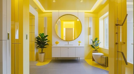 Bright yellow bathroom with sleek modern fixtures, a large round mirror with a gold frame, exuding a cheerful and uplifting vibe, and showcasing an elegant contemporary design