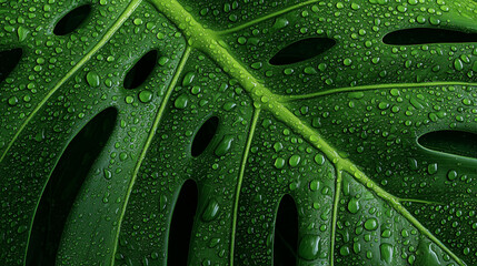 Close up of vibrant green tropical Monstera leaves for natural background texture.
