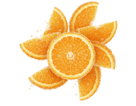 Fresh orange slices with sparkling sugar textures bundle isolated on transparent background