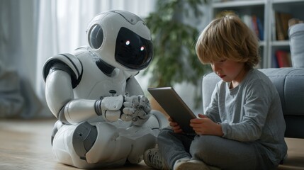 Child and Robot Sitting on Floor Using Tablet in Modern Living Room