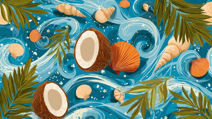 Vector art of tropical beach seamless pattern with coconuts and palm leaves for vector background