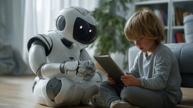 Child and Robot Sitting on Floor Using Tablet in Modern Living Room