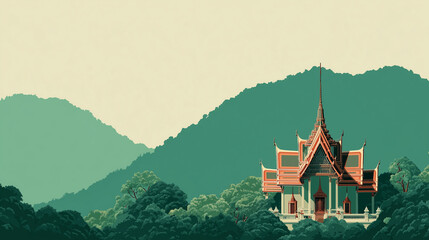 Vector art of thai temple in nature with green mountain background