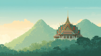 Vector art of thai temple in nature with green mountain background