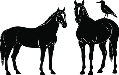 Black silhouette illustration of two horses standing side by side with bird perched, minimal vector design for logo, branding, wildlife art