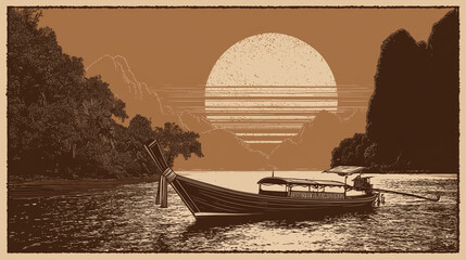 Vector art of longtail boat against large sun and mountains, vintage travel feel.