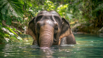 Asian Elephant Bathing in clear jungle river surrounded by lush greenery for background
