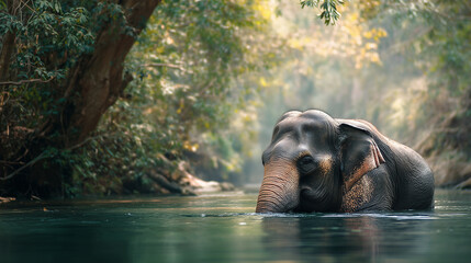 Asian Elephant Bathing in clear jungle river surrounded by lush greenery for background