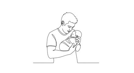 Father holding newborn baby and smiling in simple line drawing  