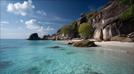 Landscape view of unique large granite rock formations on pristine beach in the Similan Islands, clear ocean.