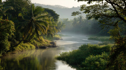 Landscape view of fog over river with lush tropical vegetation on the banks