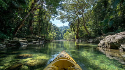 View of kayak on clear jungle river