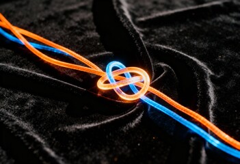 Glowing orange and blue fiber optic cables intertwined in a complex knot on a dark velvet background, symbolizing data connection, network complexity, or a partnership.