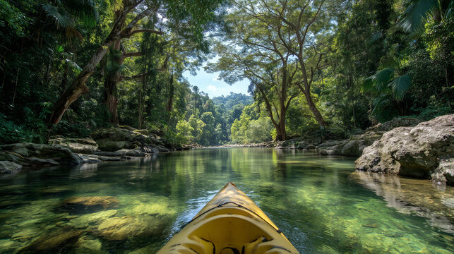 View of kayak on clear jungle river