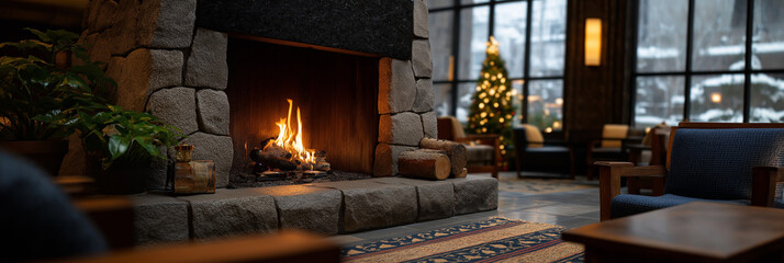 Fototapeta premium A scenic fireplace set within a cozy lodge, radiating warmth and inviting comfort amidst a wintry backdrop, perfect for seasonal gatherings and relaxation.