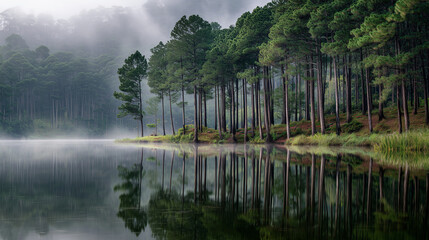 Reflection of tall pine trees and mist on the still surface of a lake for wallpaper